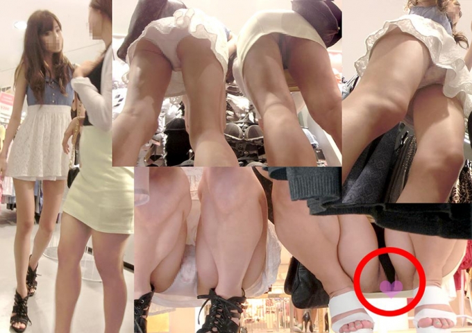 Pがずれ込みワ◯メが丸見え！おしゃれ女子2人の買い物中の無防備Wパンチラたっぷり盗撮♡