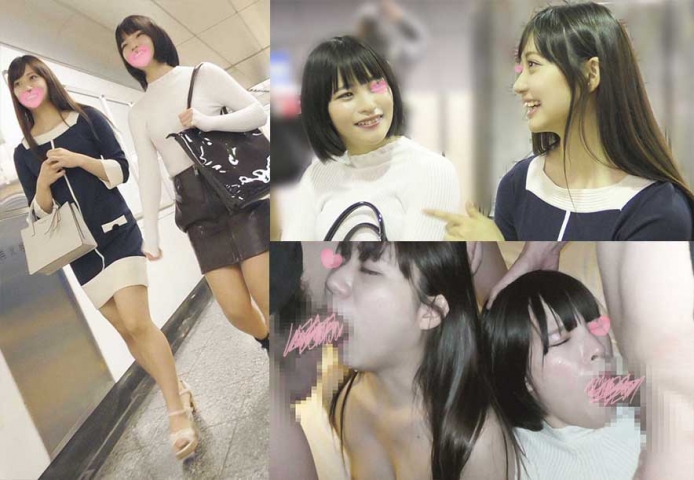 【ダブル痴漢】女子アナ系美女＆のん激似の美脚OL2人組＊連れ込みフェラから口内発射＆生挿入＊中出し直後に指マン潮吹き【高画質】
