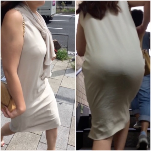 【2名・はち切れそうなベージュタイトワンピース着衣尻】