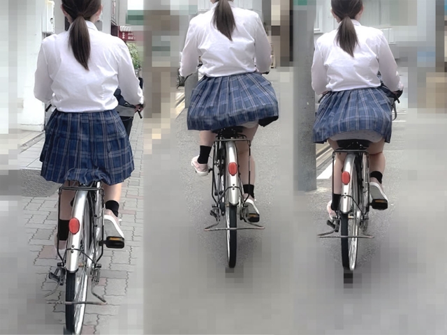 【自転車パンチラ】制服女子の純白パンティ。繁華街を疾走する姿に興奮【追いかけ】