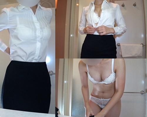 【脱衣所で服を脱ぐ】☆黒パンスト姿の下半身でエロさ増々OLさん！（2画面）