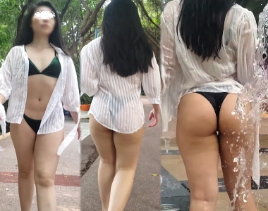 高画質 プールの裏で脱ぎ脱ぎ２ 濡れたＴバックのビキニ尻！